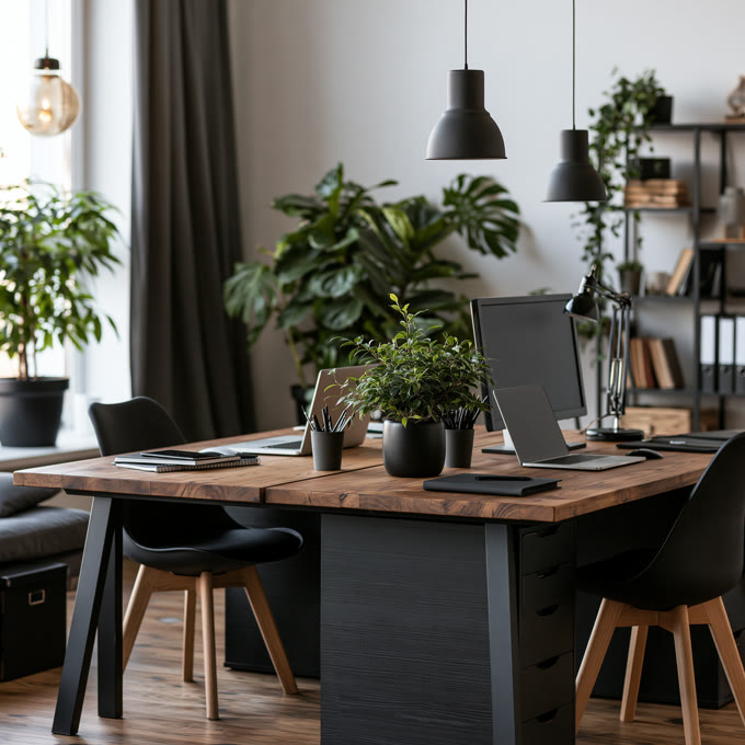 A modern Realm Bridge workspace with laptops and plants