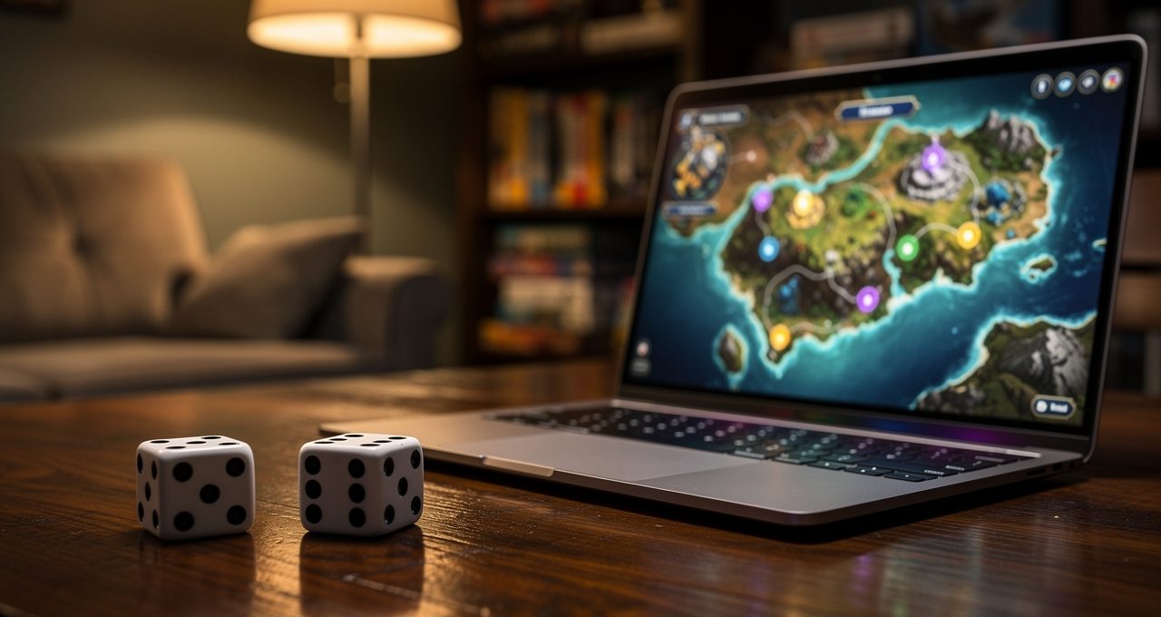 Ordinary dice on a table beside a laptop showing a glowing map, physical and digital play side by side.