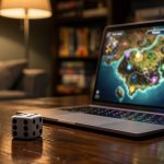 Ordinary dice on a table beside a laptop showing a glowing map, physical and digital play side by side.