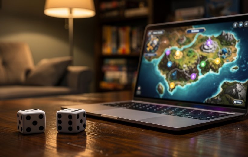 Ordinary dice on a table beside a laptop showing a glowing map, physical and digital play side by side.